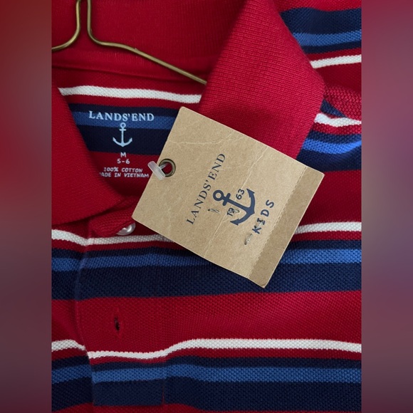 NWT Red White Blue Stripe Lands End long sleeve Polo Shirt Size Boy Medium M 5-6 - Picture 2 of 3